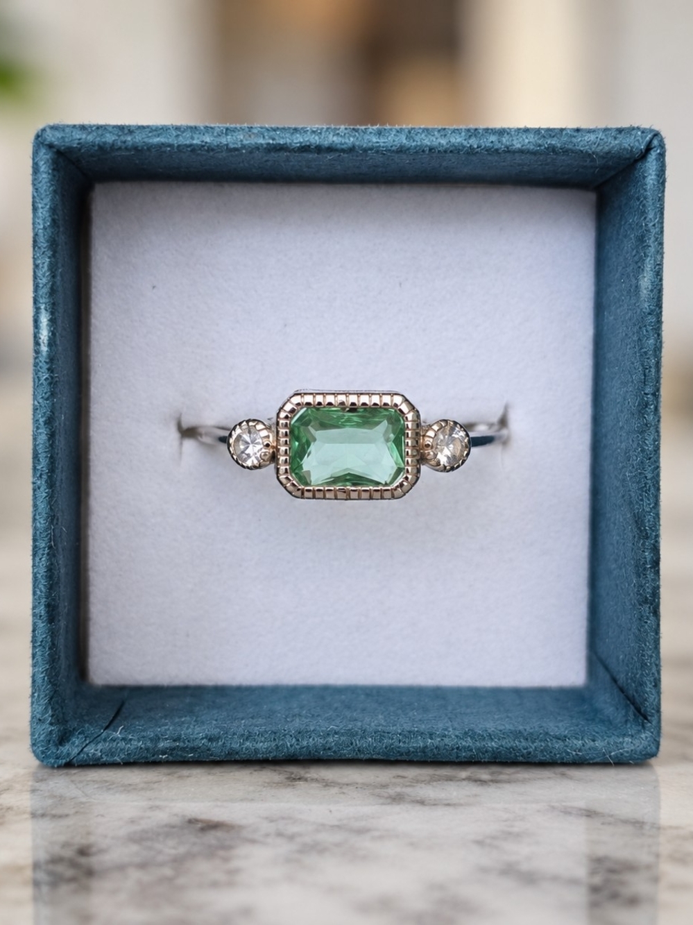 Size 9 Sterling Silver 925 Green Emerald Cut Three Stone Ring Vintage Inspired